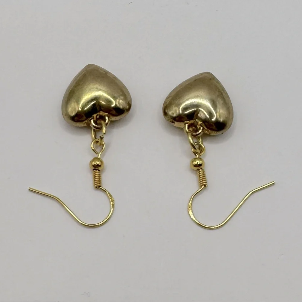 VINTAGE Gold-Tone Puffy Heart Dangle Earrings
